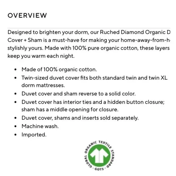 Pottery Barn Teen Organic Ruched Diamond Duvet Cover Light Gray Twin/Twin XL New - Picture 7 of 7